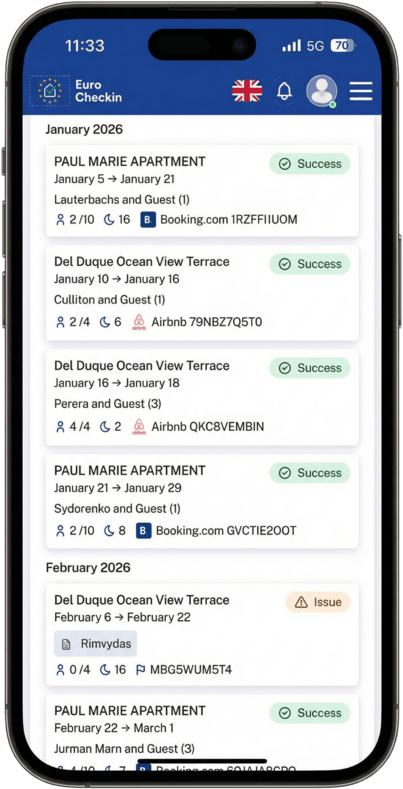 EuroCheckin App mit der Übersicht der Gästeregistrierungen
